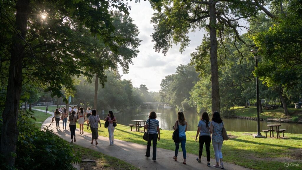 Buffalo Bayou Park in houston with women walking around