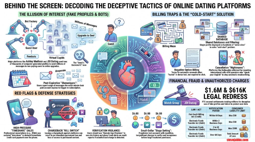 Infographic showing how scam dating sites can use fake profiles, paid chat, credit systems, hidden billing, cancellation barriers and fake verification links.
